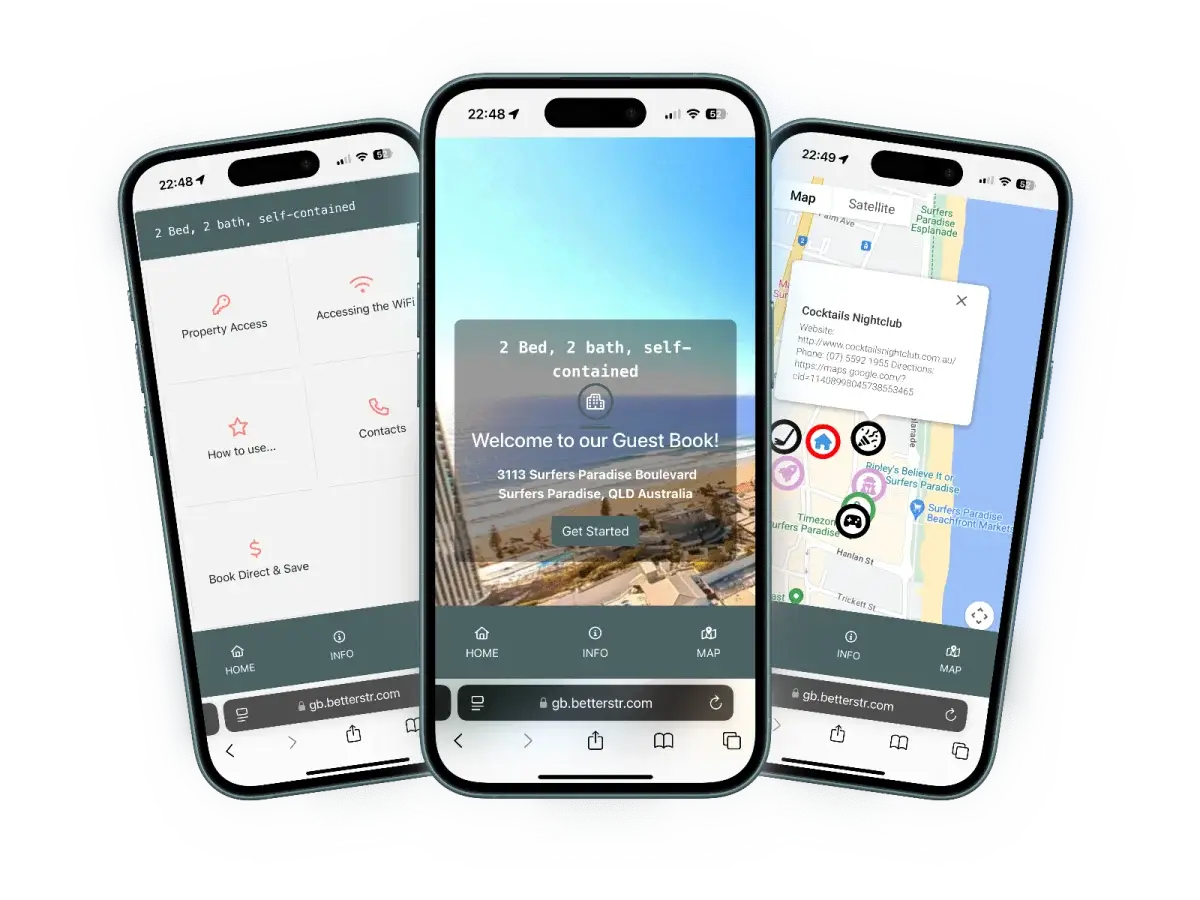 BetterSTR digital guidebook on 3 iPhones