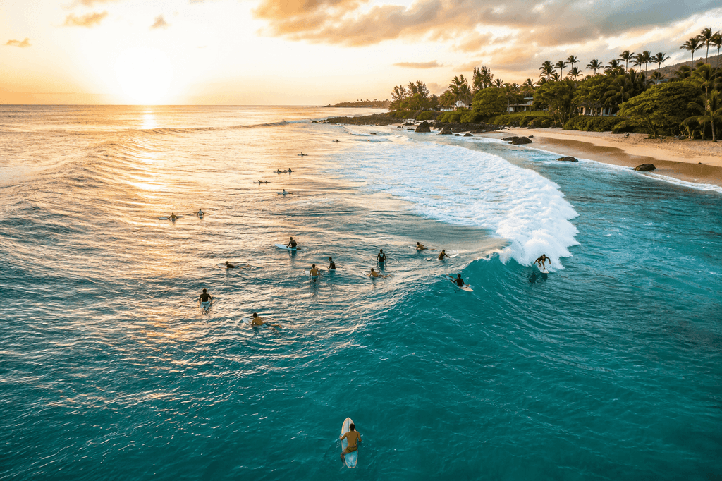Group of surfers enjoying a local beach experience