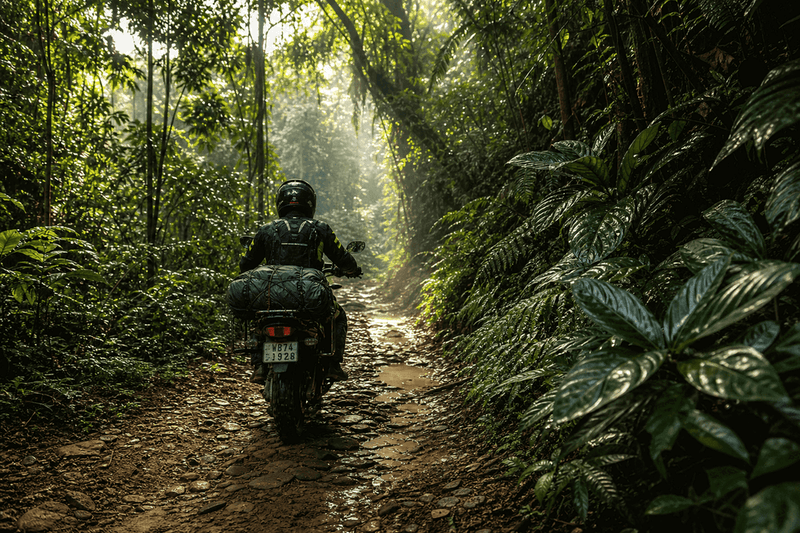 Adventure motorcycle ride through jungle