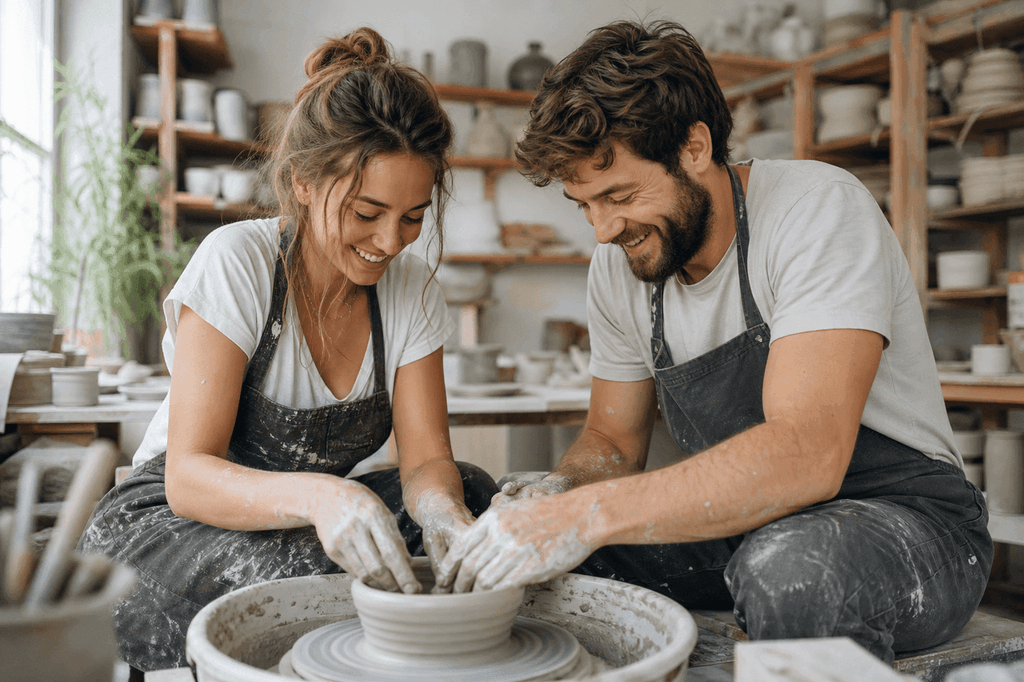 Guests learning pottery in a local artisan studio